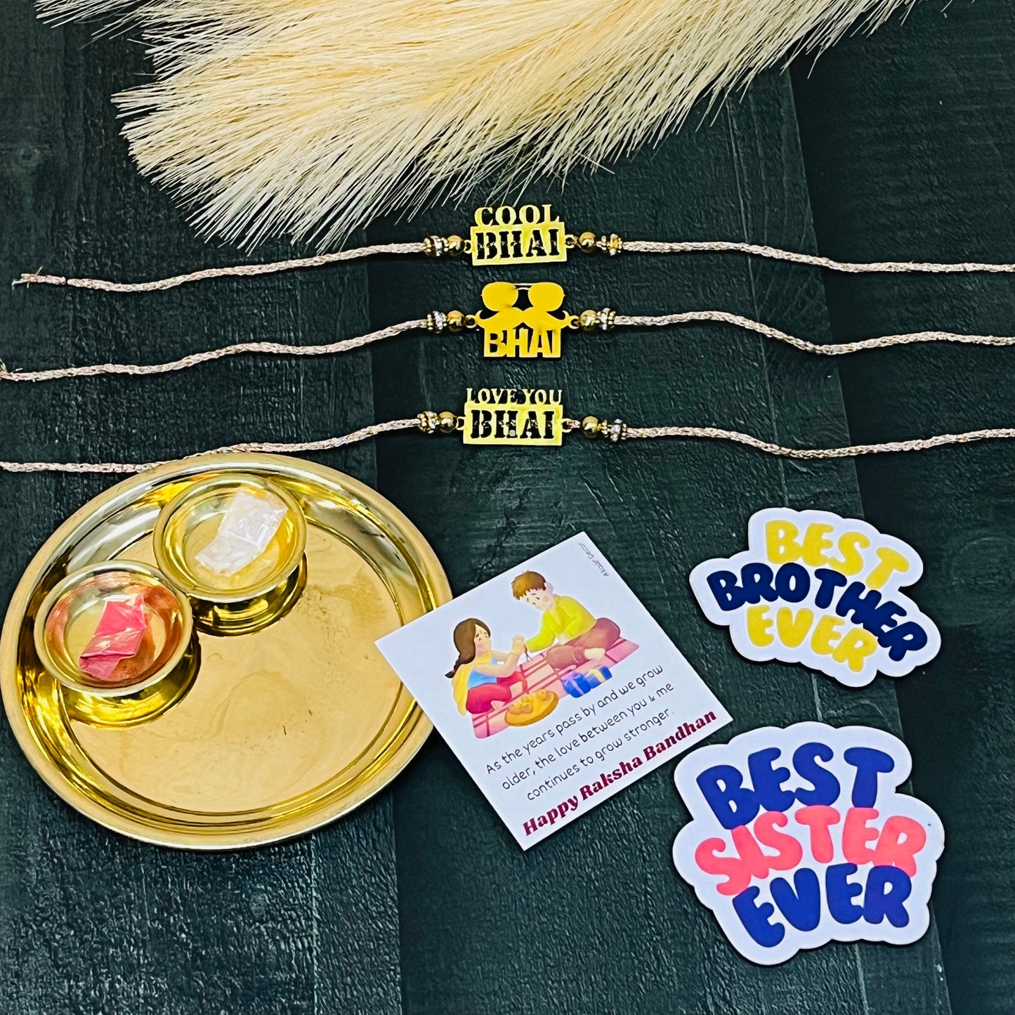 Mera Bhai: Premium Rakhi Set with Brass Plate, Roli Moli, 3 Rakhis, Greeting Card, and 2 Fridge Magnets