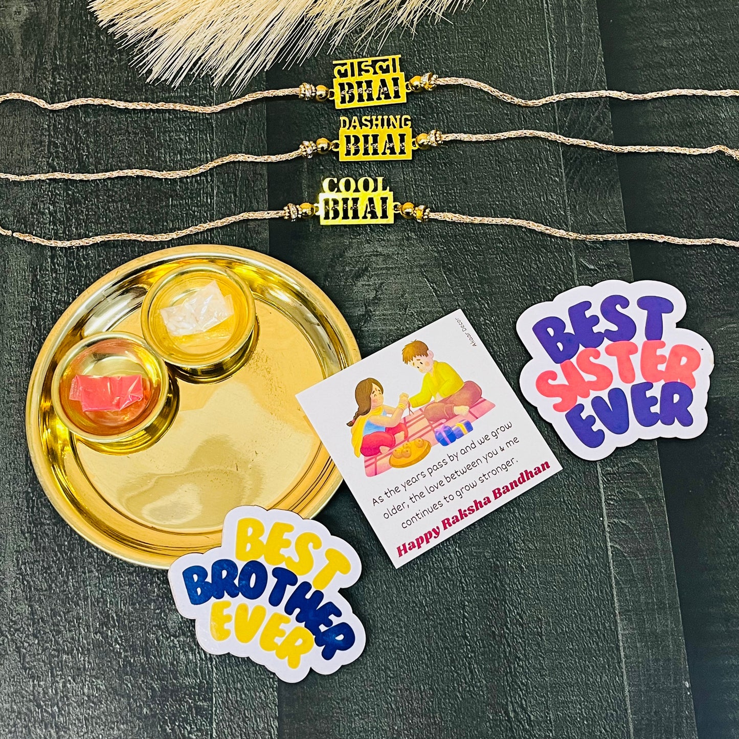 Chic Bhai: Trendy Rakhi Set with Brass Plate, Roli Moli, 3 Rakhis, Greeting Card, and 2 Fridge Magnets