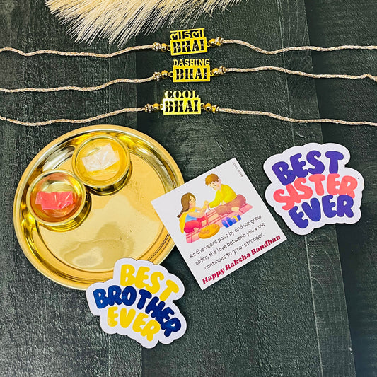 Chic Bhai: Trendy Rakhi Set with Brass Plate, Roli Moli, 3 Rakhis, Greeting Card, and 2 Fridge Magnets
