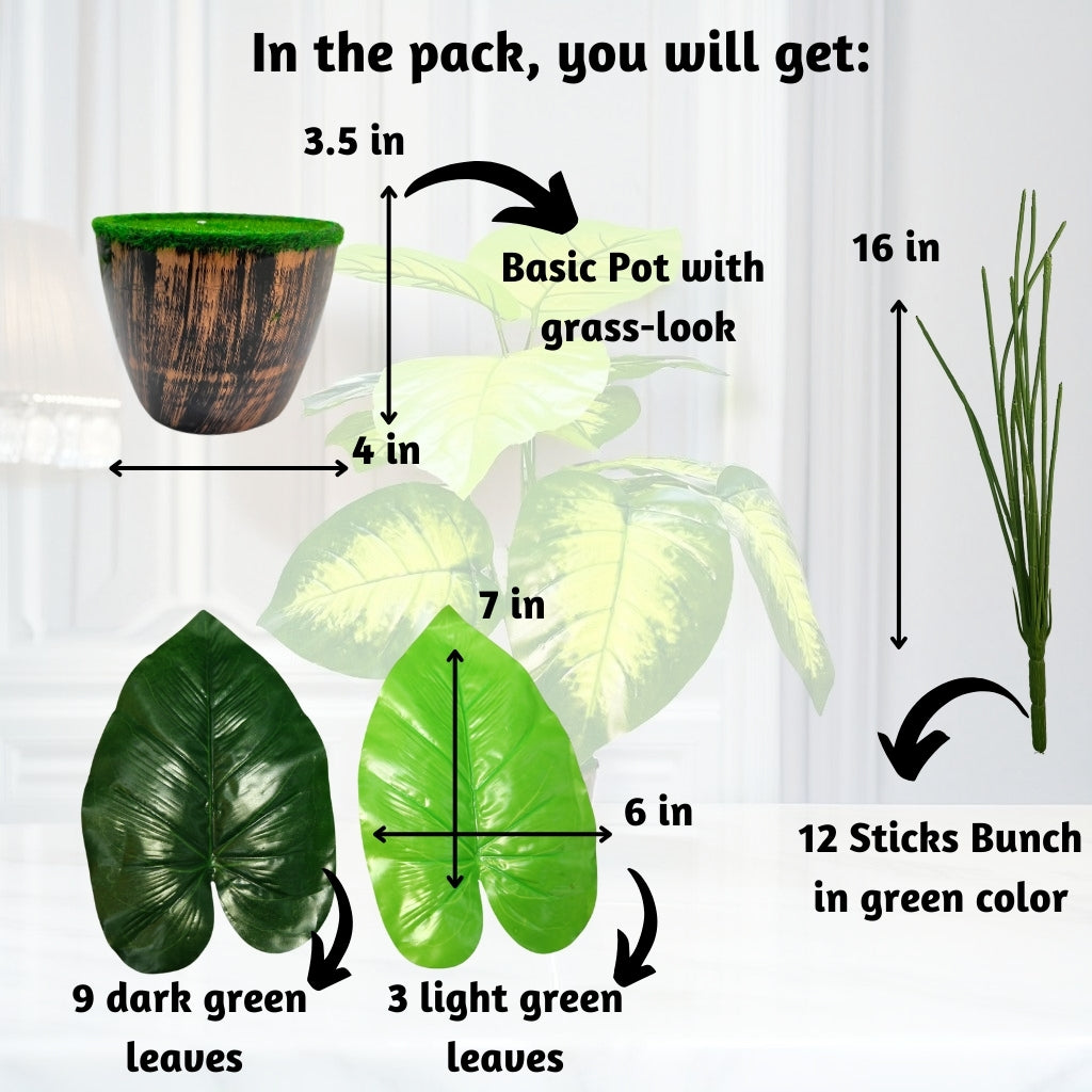 Akaar Decor's Artificial Plants for Home Decoration : 12 Branch Plant with Pot (Alocasia)
