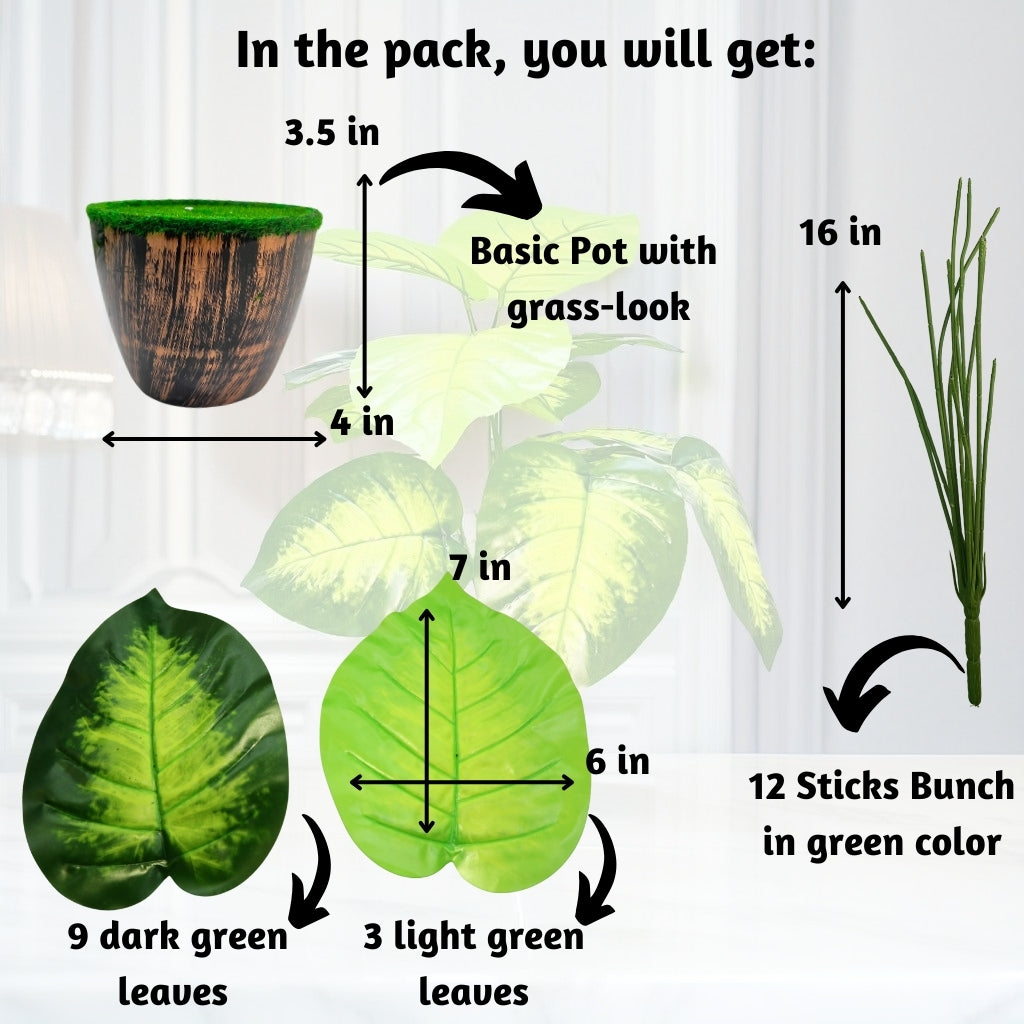 Akaar Decor's Artificial Plants for Home Decoration : 12 Branch Plant with Pot (Devil's Ivy)