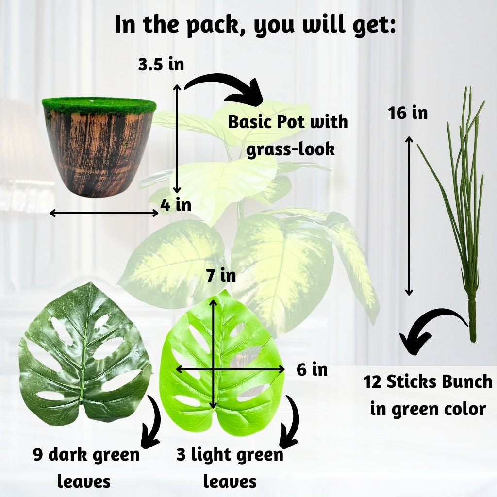 Akaar Decor's Artificial Plants for Home Decoration : 12 Branch Plant with Pot (Mostera)