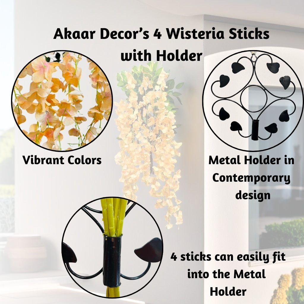 Akaar Décor Artificial Flowers for Wall Decoration : Wisteria Sticks with Metal Holder (Pack of 4 Sticks)