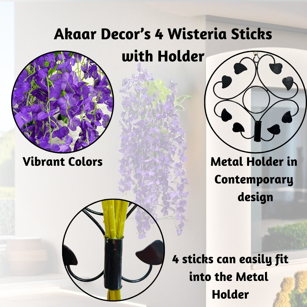 Akaar Décor Artificial Flowers for Wall Decoration : Wisteria Sticks with Metal Holder (Pack of 4 Sticks)
