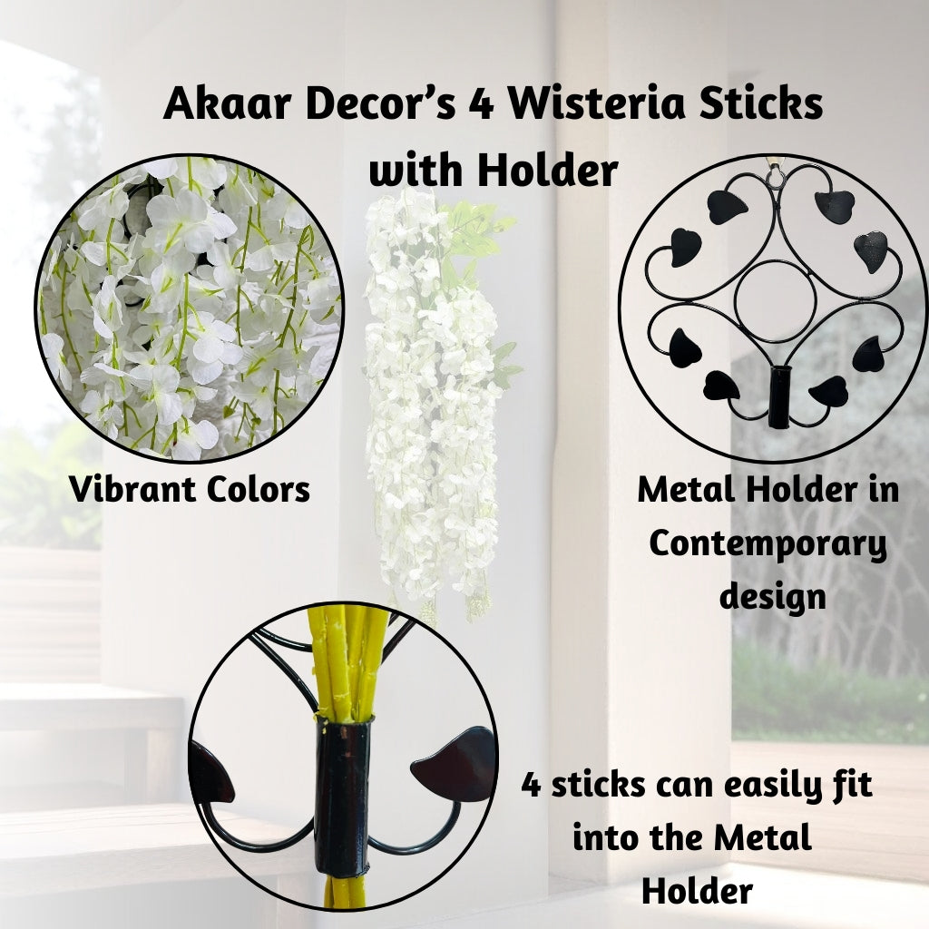 Akaar Décor Artificial Flowers for Wall Decoration : Wisteria Sticks with Metal Holder (Pack of 4 Sticks)