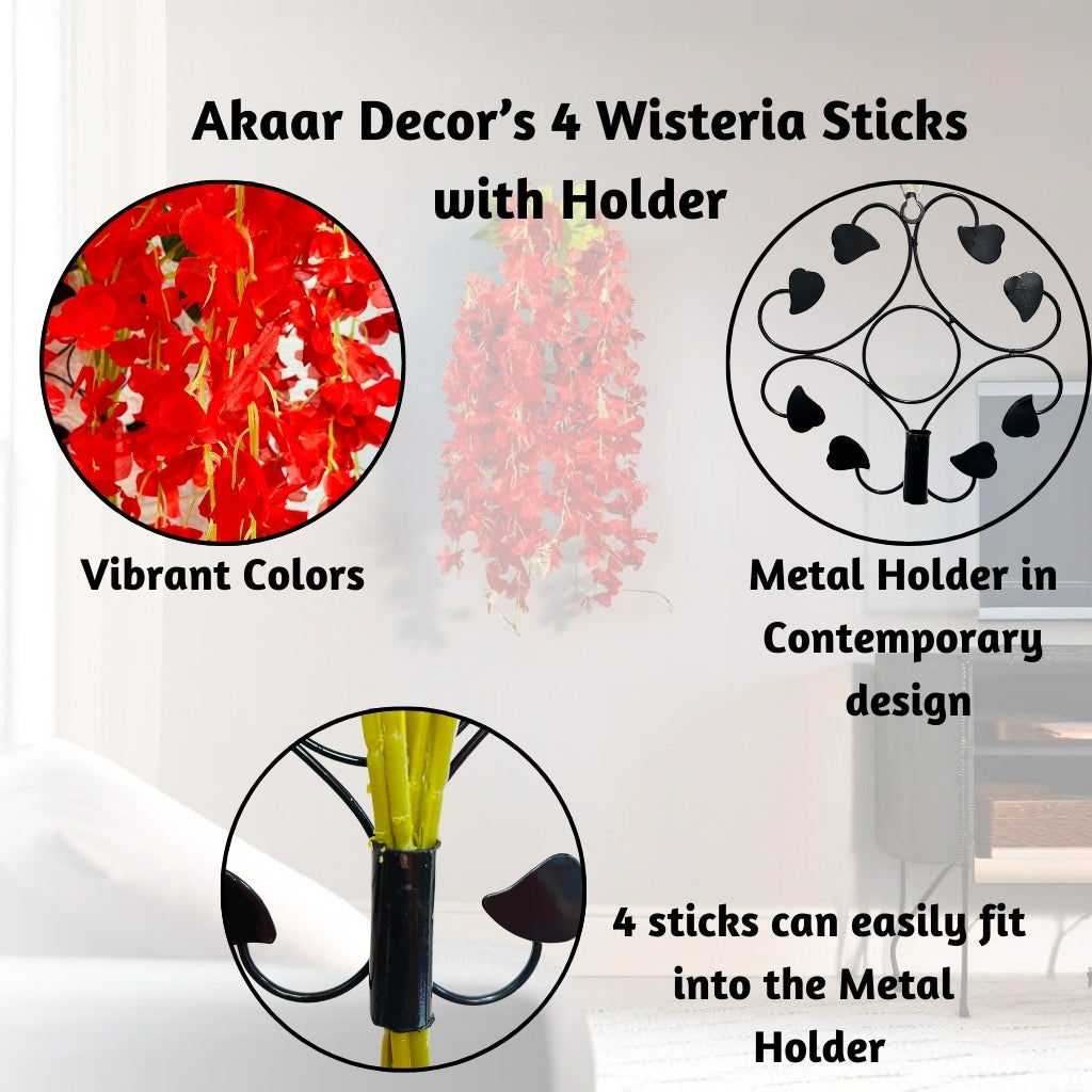 Akaar Décor Artificial Flowers for Wall Decoration : Wisteria Sticks with Metal Holder (Pack of 4 Sticks)