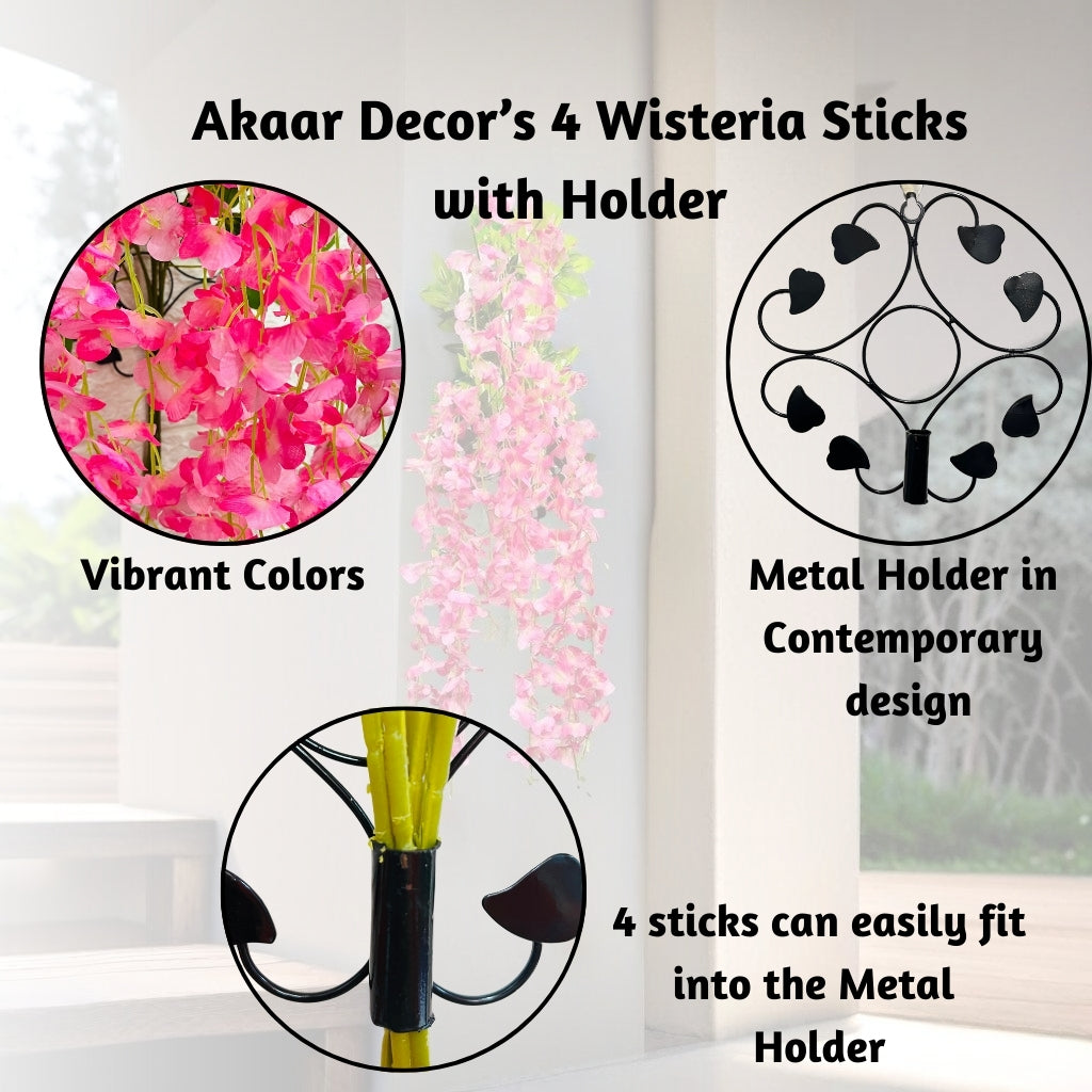 Akaar Décor Artificial Flowers for Wall Decoration : Wisteria Sticks with Metal Holder (Pack of 4 Sticks)