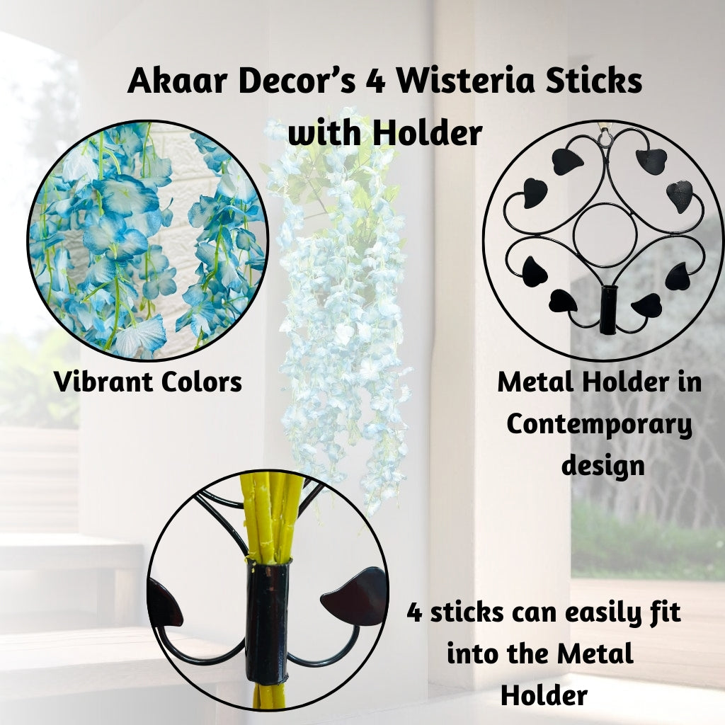 Akaar Décor Artificial Flowers for Wall Decoration : Wisteria Sticks with Metal Holder (Pack of 4 Sticks)