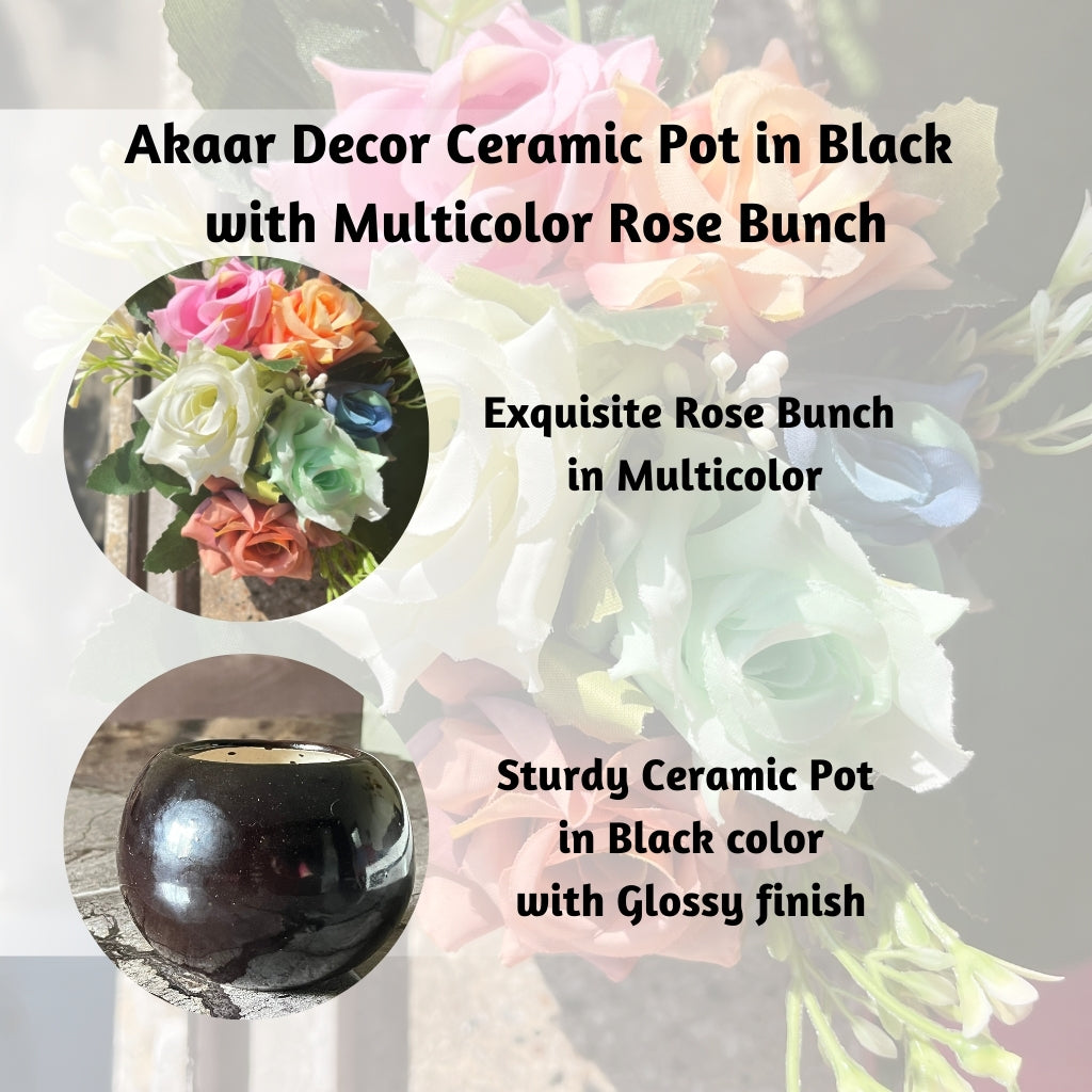 Akaar Artificial Plants for Decoration - Black Ceramic Pot with Artificial Roses