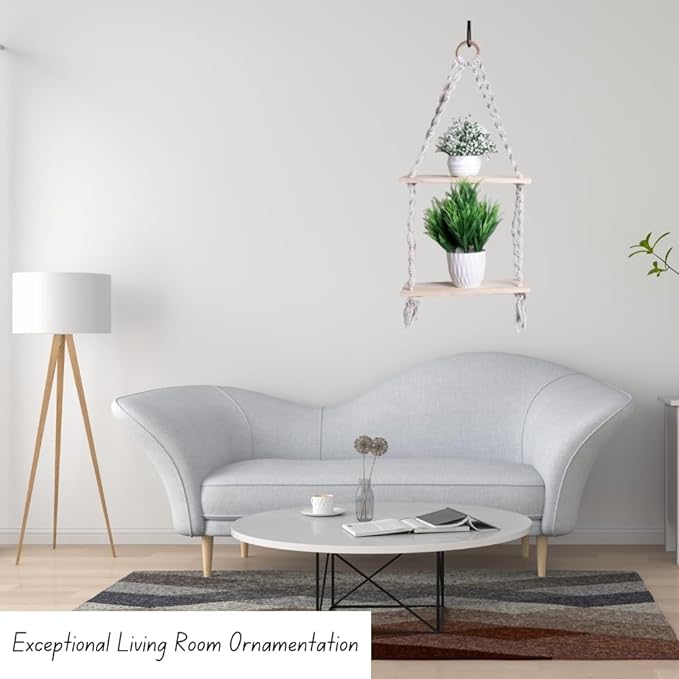 Indoor Boho Macrame Hanging Dual Wall Shelf with Wooden Dowel Hand Woven Bohemian Decor