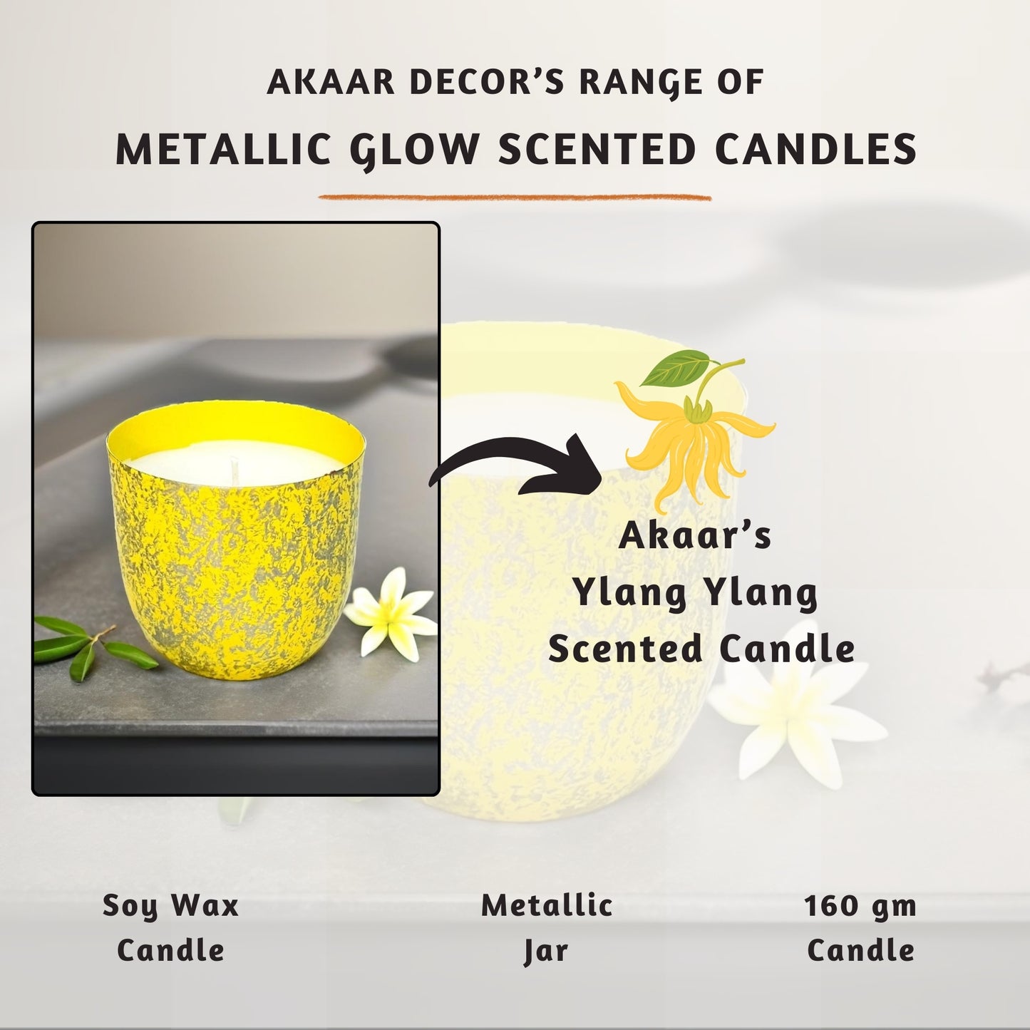 Akaar Decor Range of Metallic Glow Scented Candles for Home Decor- Yellow Ylang Ylang