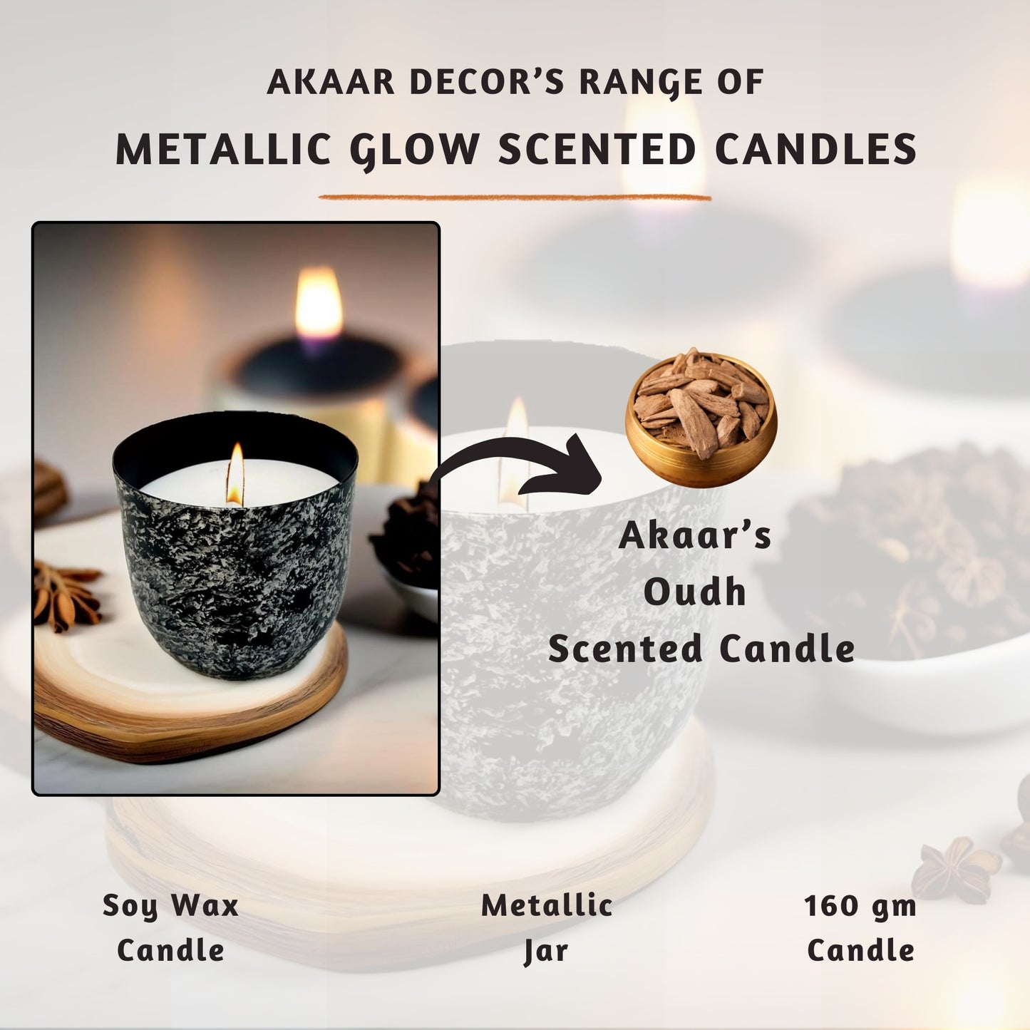 Akaar Decor Range of Metallic Glow Scented Candles for Home Decor- Black Oudh