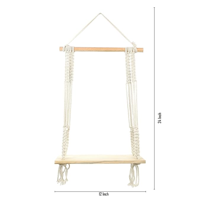 Indoor Boho Macrame Hanging Wall Shelf with Wooden Dowel Hand Woven Bohemian Decor