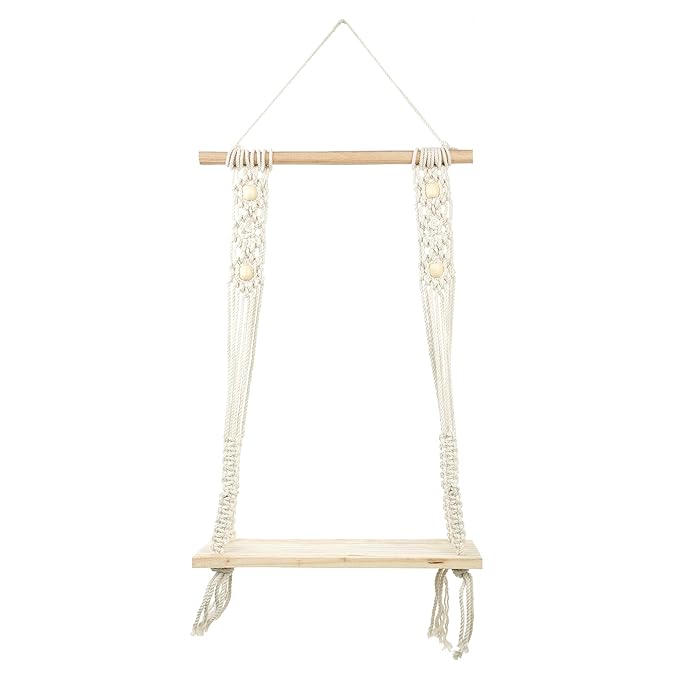 Indoor Boho Macrame Beaded Hanging Wall Shelf with Wooden Dowel Hand Woven Bohemian Decor