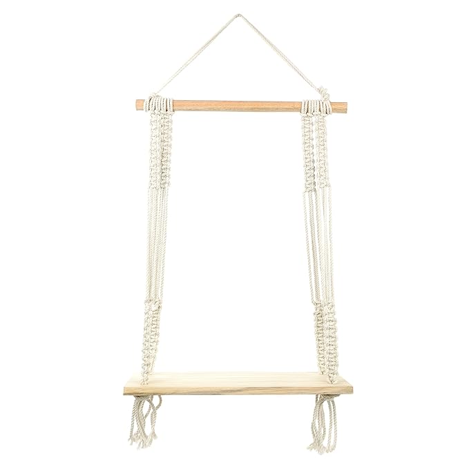 Indoor Boho Macrame Hanging Wall Shelf with Wooden Dowel Hand Woven Bohemian Decor