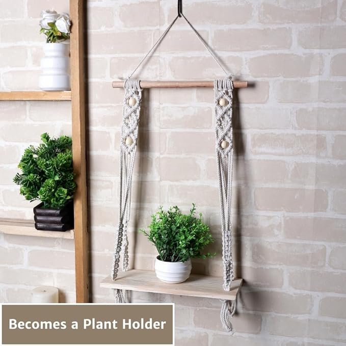 Indoor Boho Macrame Beaded Hanging Wall Shelf with Wooden Dowel Hand Woven Bohemian Decor