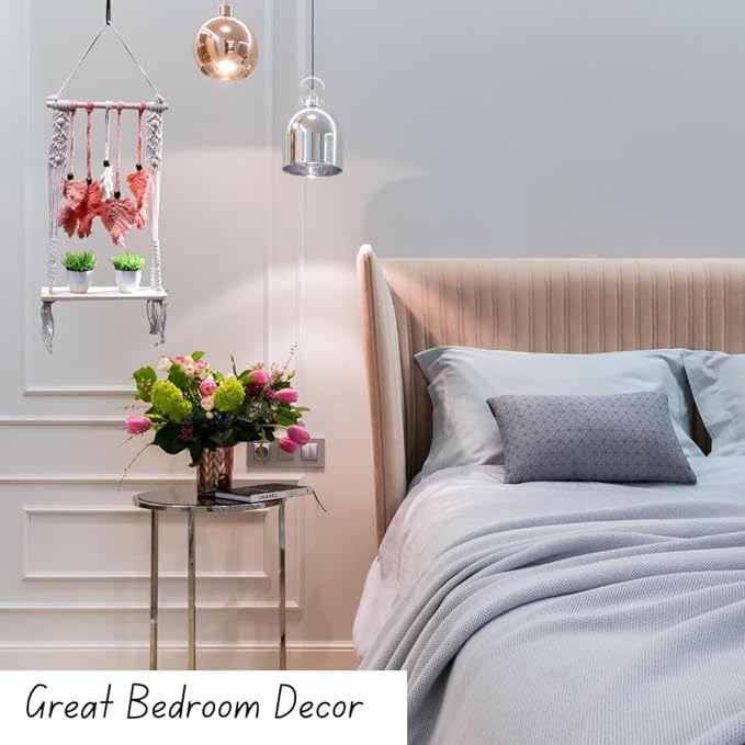 Indoor Boho Macrame Hanging Wall Shelf with Orange Feathers and Wooden Dowel