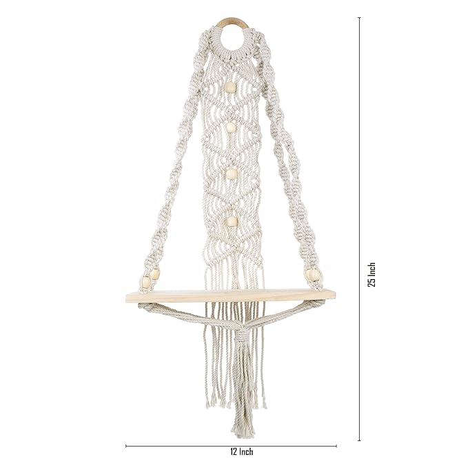 Indoor Boho Macrame Wall Shelf with Hanging with Wooden Dowel Hand Woven Bohemian Decor