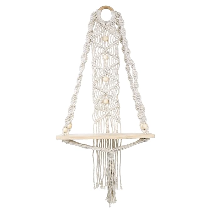 Indoor Boho Macrame Wall Shelf with Hanging with Wooden Dowel Hand Woven Bohemian Decor