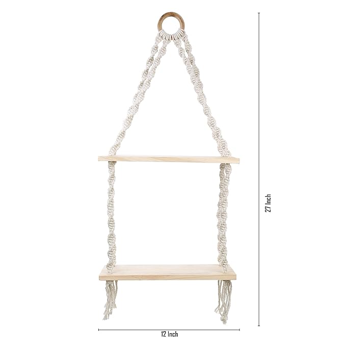 Indoor Boho Macrame Hanging Dual Wall Shelf with Wooden Dowel Hand Woven Bohemian Decor