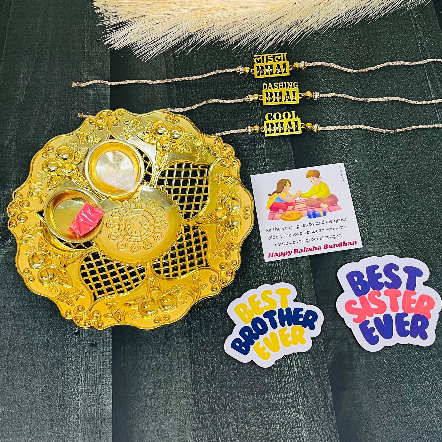 Cool Bro Rakhi Set with  Plate, Roli Moli, 3 Rakhis, Greeting Card, and 2 Fridge Magnets