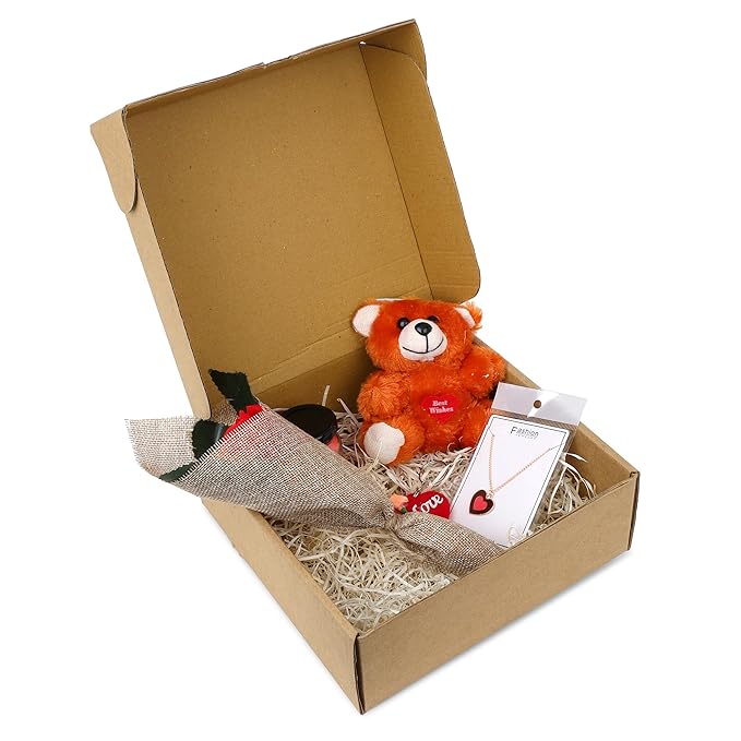 Akaar Valentine Day Gift - Girlfriend,Wife,Husband,Boyfriend- Teddy Bear, Jute Rose, Love Keychain, Heart Necklace, Rose Scented Jar Candle