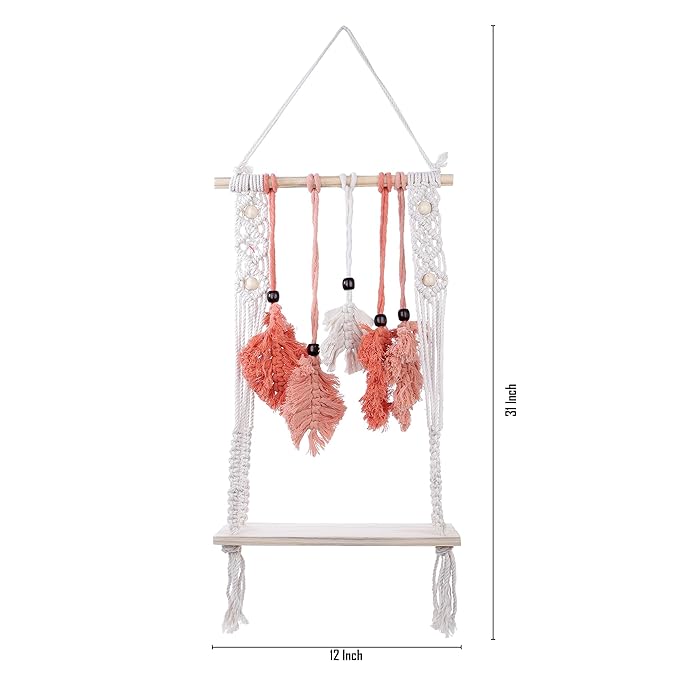 Indoor Boho Macrame Hanging Wall Shelf with Orange Feathers and Wooden Dowel