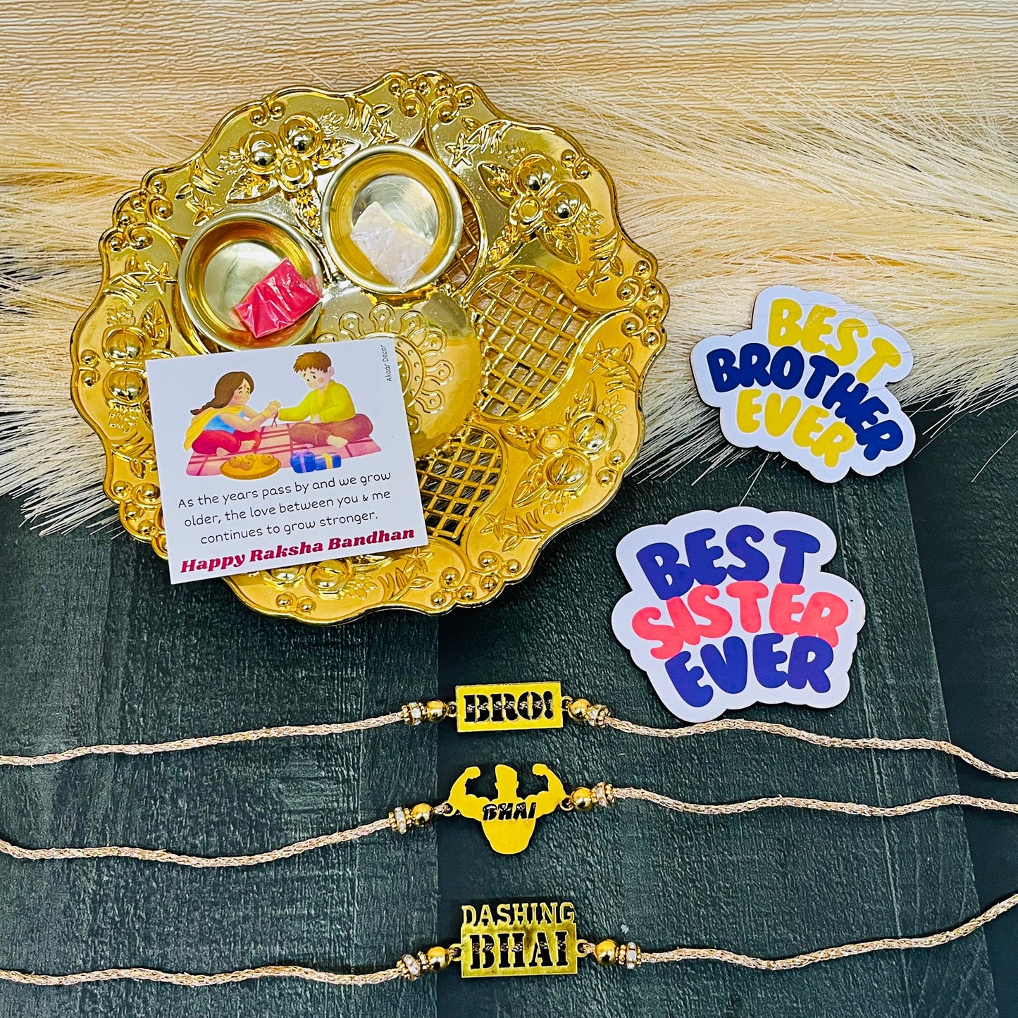 Brotherly Bliss Rakhi Set with Plate, Roli Moli, 3 Rakhis, Greeting Card, and 2 Fridge Magnets