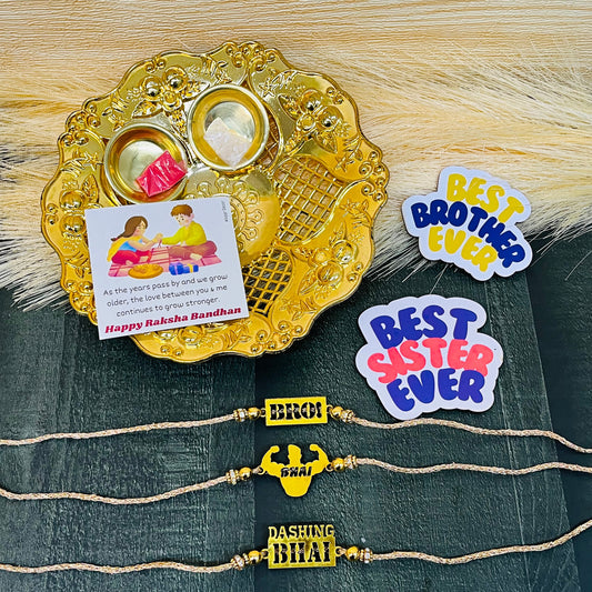Brotherly Bliss Rakhi Set with  Plate, Roli Moli, 3 Rakhis, Greeting Card, and 2 Fridge Magnets