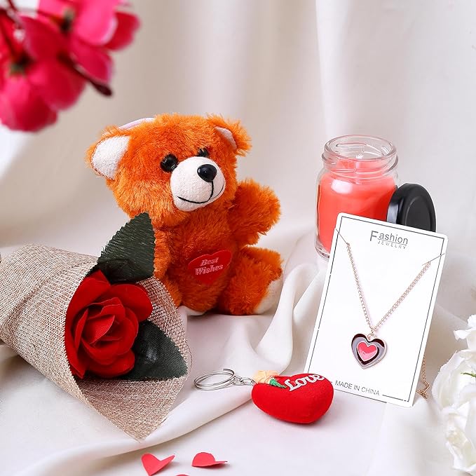 Akaar Valentine Day Gift - Girlfriend,Wife,Husband,Boyfriend- Teddy Bear, Jute Rose, Love Keychain, Heart Necklace, Rose Scented Jar Candle