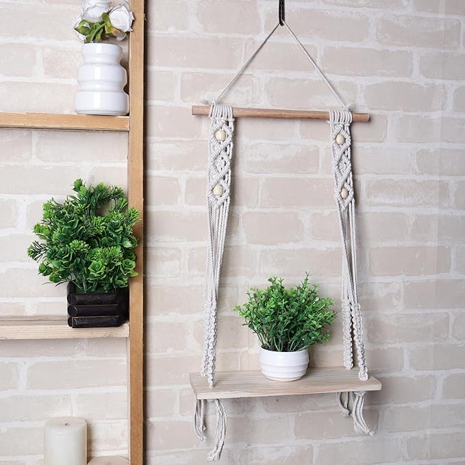Indoor Boho Macrame Beaded Hanging Wall Shelf with Wooden Dowel Hand Woven Bohemian Decor