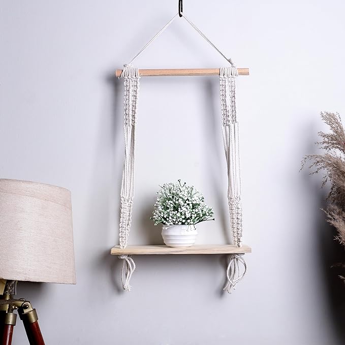 Indoor Boho Macrame Hanging Wall Shelf with Wooden Dowel Hand Woven Bohemian Decor
