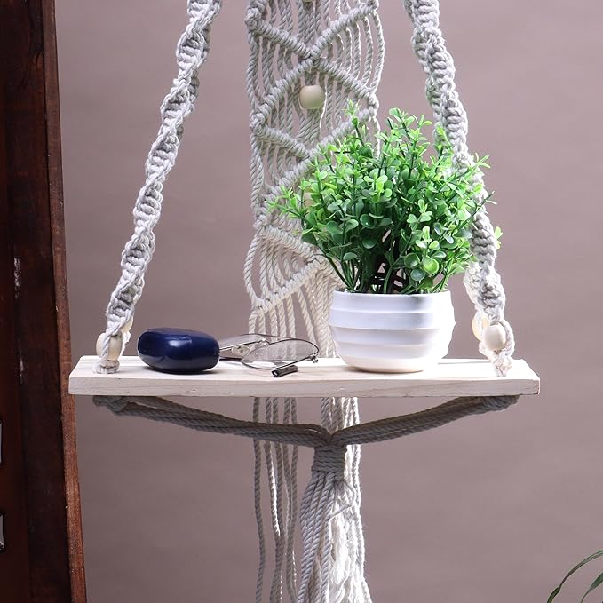 Indoor Boho Macrame Wall Shelf with Hanging with Wooden Dowel Hand Woven Bohemian Decor