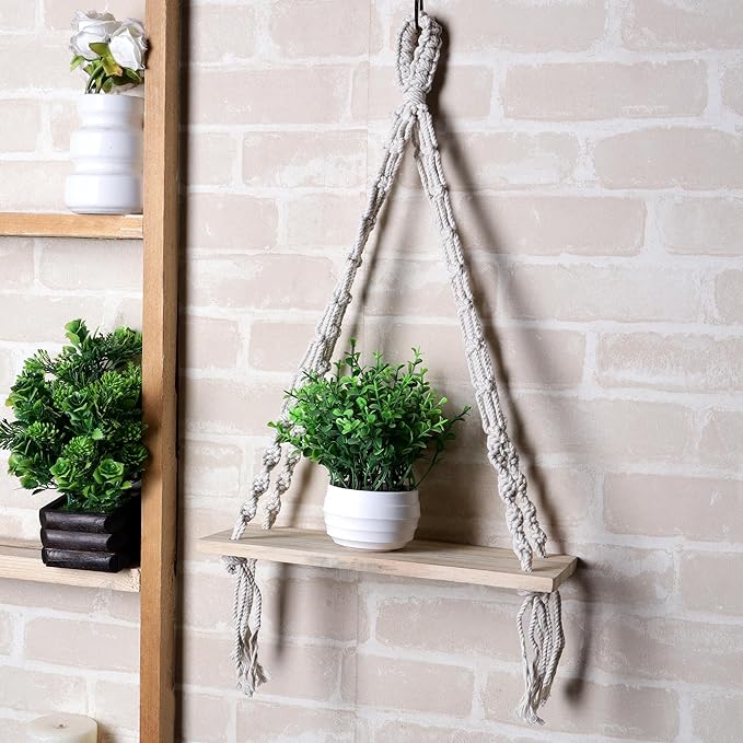 Indoor Boho Macrame Triangle Hanging Wall Shelf with Wooden Dowel Hand Woven Bohemian Decor