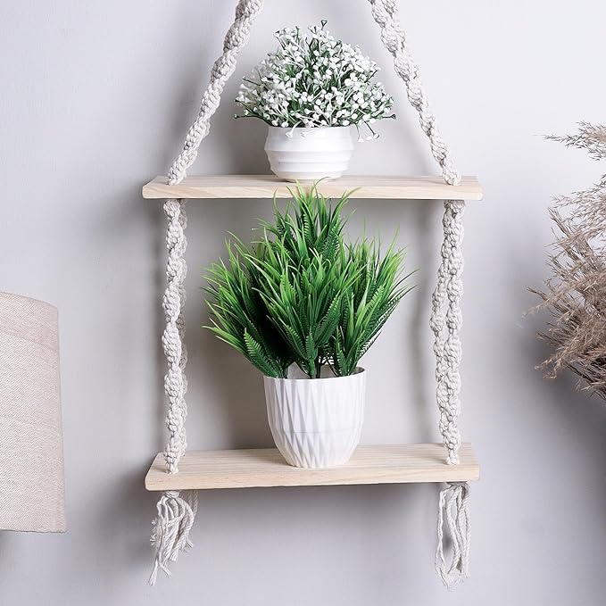 Indoor Boho Macrame Hanging Dual Wall Shelf with Wooden Dowel Hand Woven Bohemian Decor