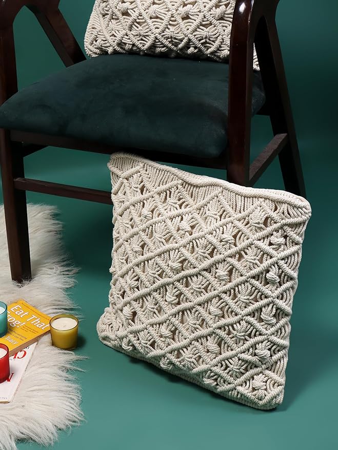 Akaar Décor Off-White Macrame Cotton Cushion Covers (Set of 2)