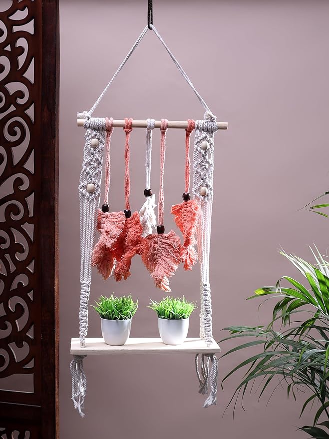 Indoor Boho Macrame Hanging Wall Shelf with Orange Feathers and Wooden Dowel