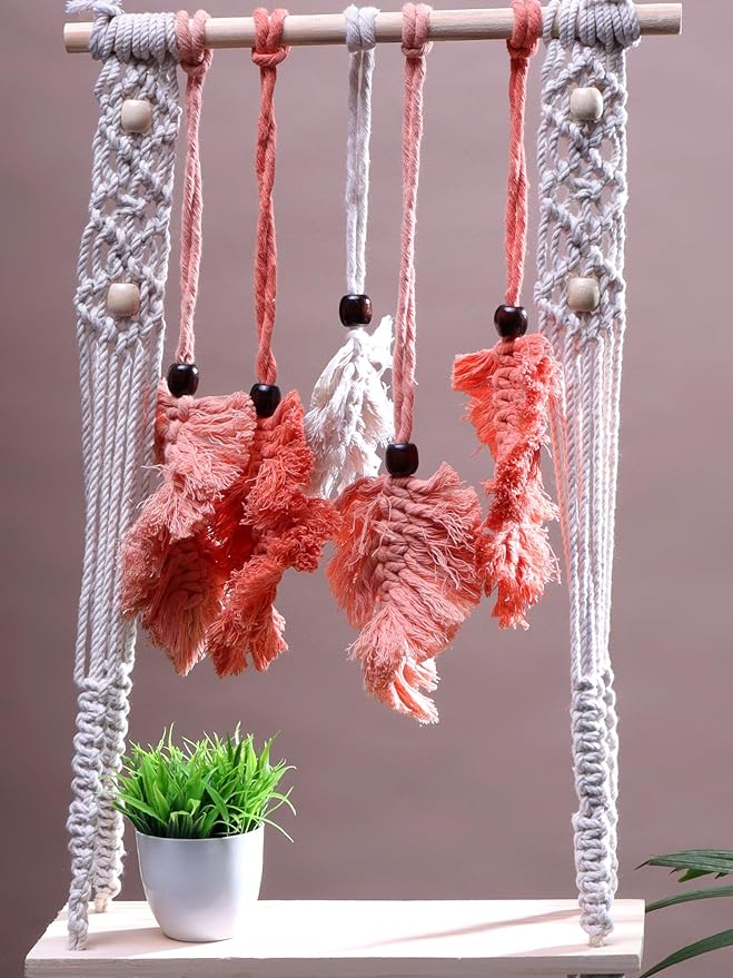 Indoor Boho Macrame Hanging Wall Shelf with Orange Feathers and Wooden Dowel