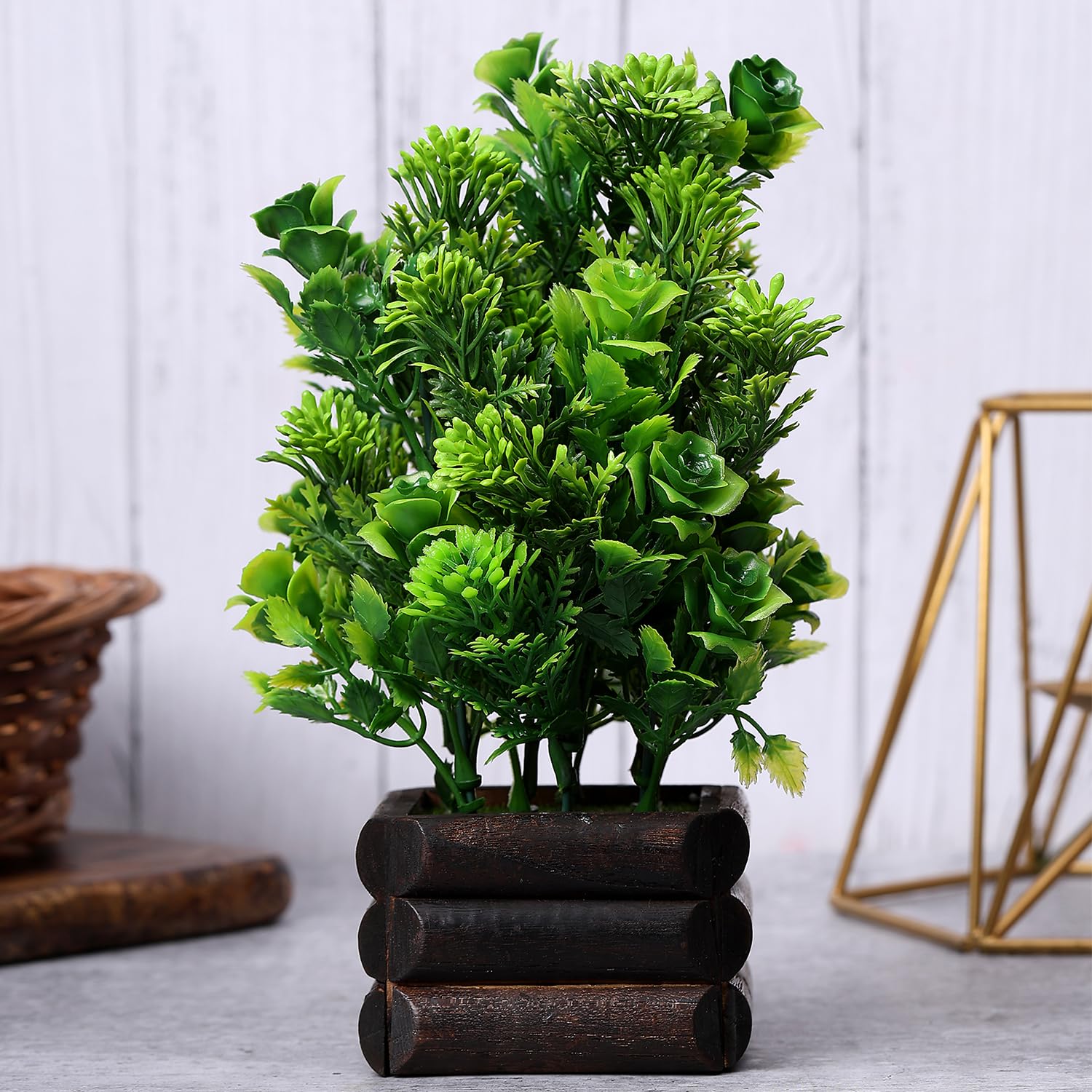 Akaar Artificial Plants Green Rose Bonsai with Wooden Pot