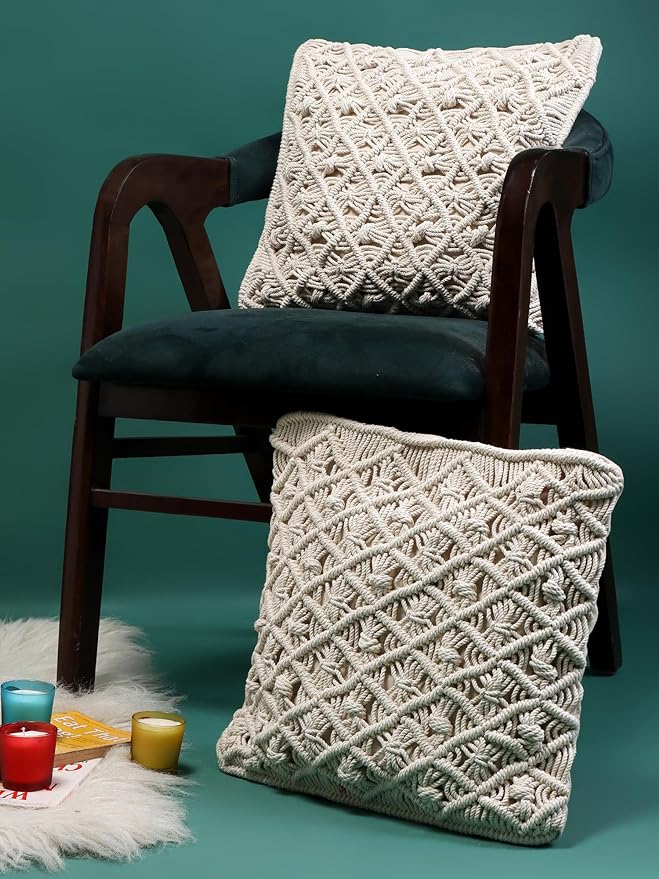 Akaar Décor Off-White Macrame Cotton Cushion Covers (Set of 2)