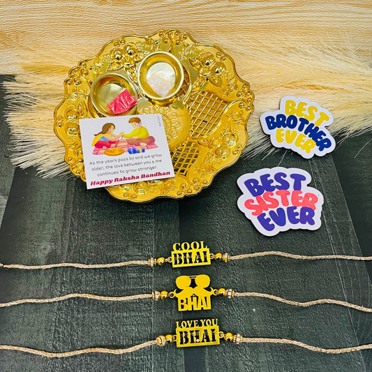 Trendy Rakhi Set with  Plate, Roli Moli, 3 Rakhis, Greeting Card, and 2 Fridge Magnets