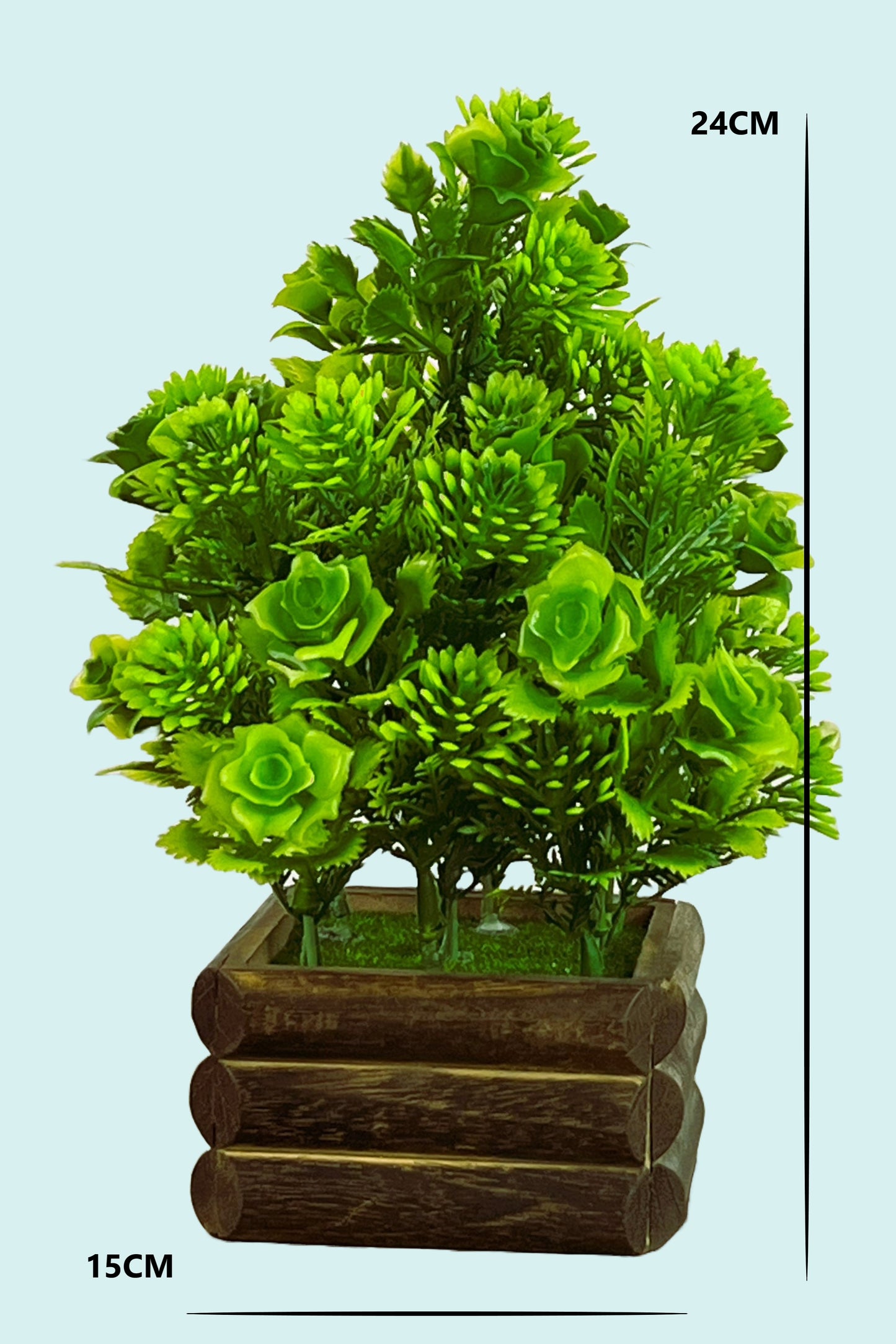 Akaar Artificial Plants Green Rose Bonsai with Wooden Pot