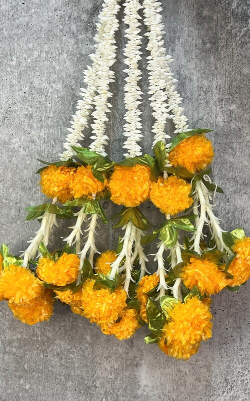 Akaar Mogra Garland with Yellow Marigold and Leaves Delicate Endings (Pack of 5)