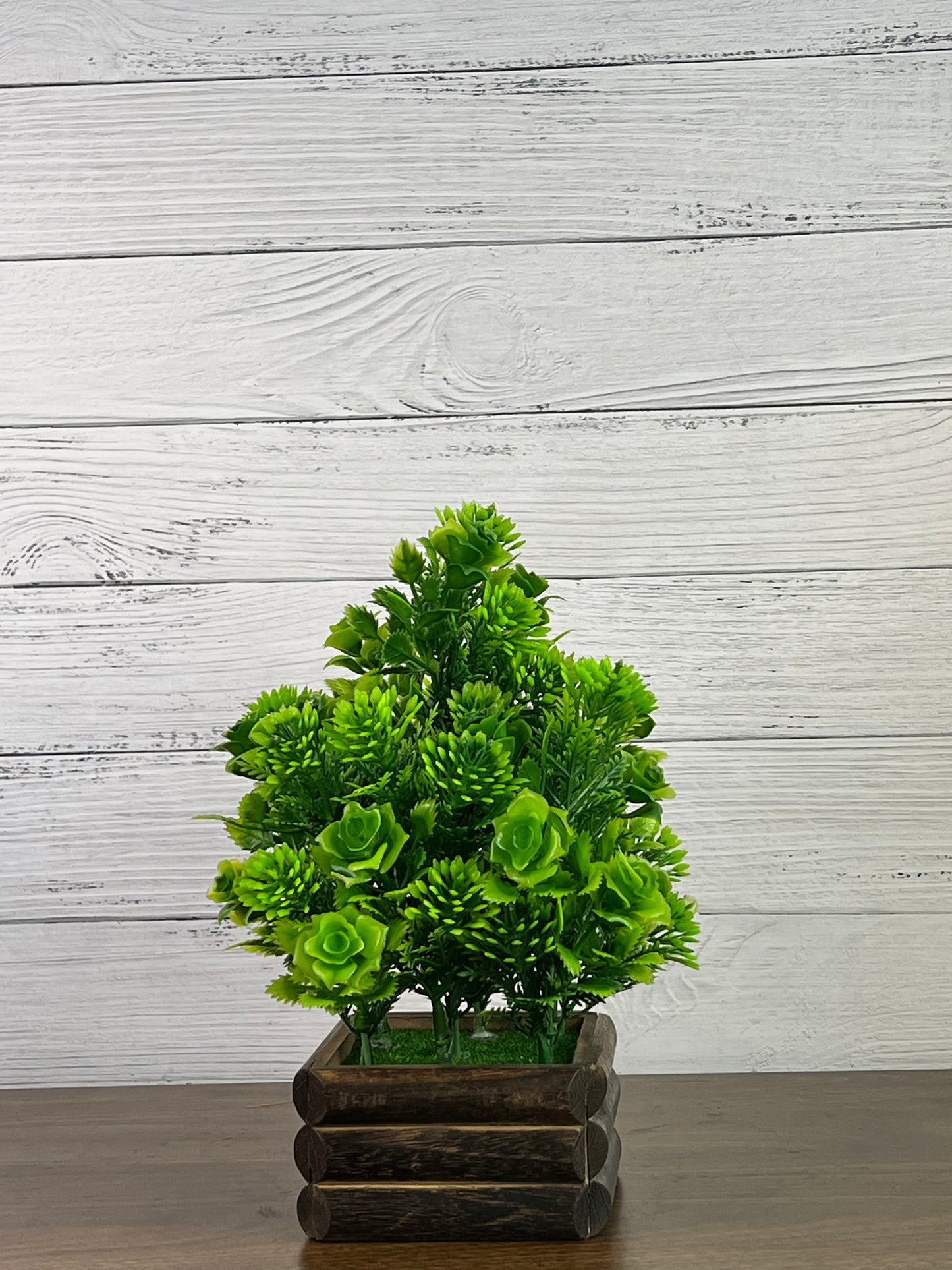 Akaar Artificial Plants Green Rose Bonsai with Wooden Pot
