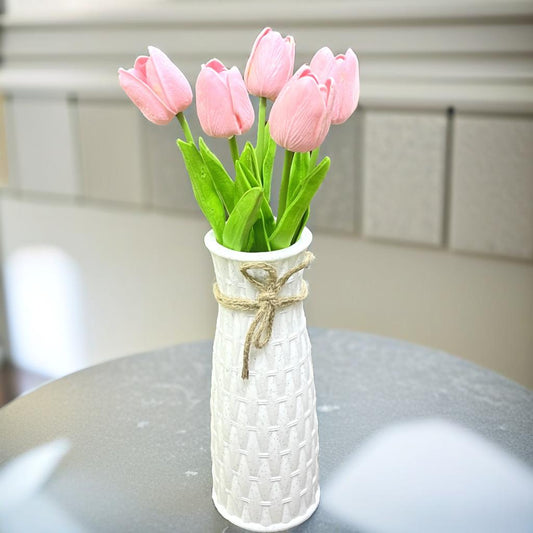 Combo Set of Hard Plastic Unbreakable Vase with Artificial Flowers Bouquet (Pink Tulips with Vase)