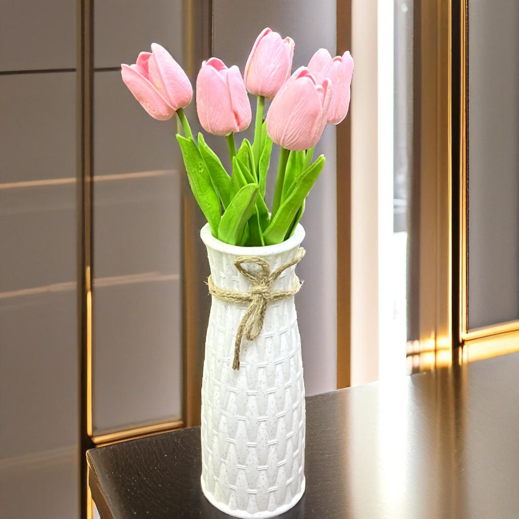 Combo Set of Hard Plastic Unbreakable Vase with Artificial Flowers Bouquet (Pink Tulips with Vase)