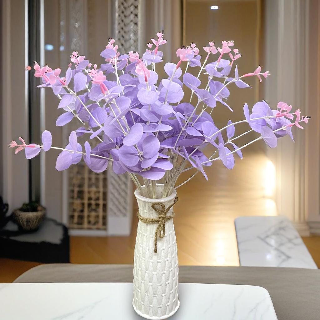 Combo Set of Hard Plastic Unbreakable Vase with Artificial Flowers Bouquet |(Purple Eucalyptus with Vase)