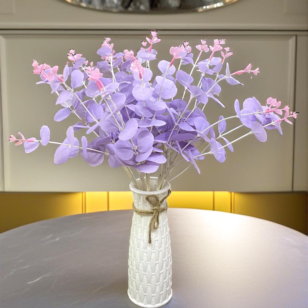 Combo Set of Hard Plastic Unbreakable Vase with Artificial Flowers Bouquet |(Purple Eucalyptus with Vase)