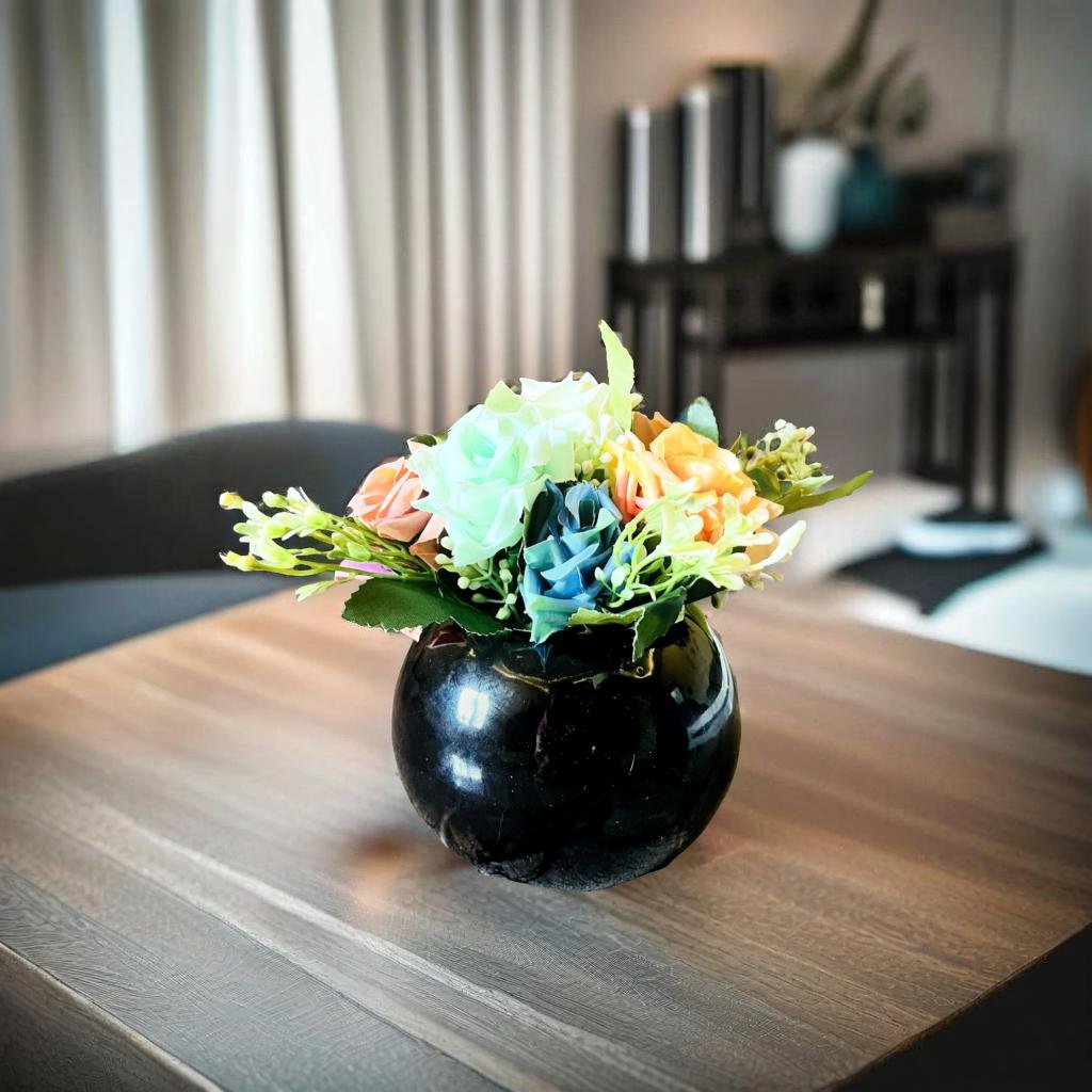 Akaar Artificial Plants for Decoration - Black Ceramic Pot with Artificial Roses