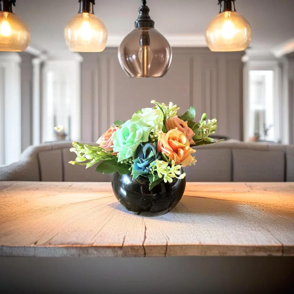 Akaar Artificial Plants for Decoration - Black Ceramic Pot with Artificial Roses